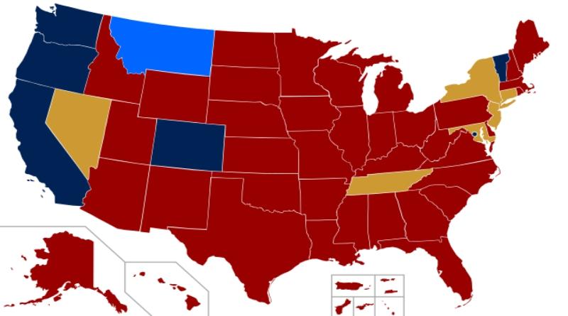 This map of the United States shows the legality of physician-assisted suicide in each state. In red states, it is illegal. Yellow indicates pending legislation. Blue means assisted suicide was decriminalized.