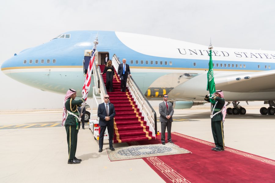 President Donald Trump and First Lady Melania Trump land in Saudi Arabia.