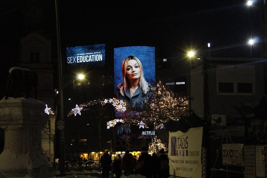 An advertisement for the most recent Netflix Original series, Sex Education, in Bucharest.