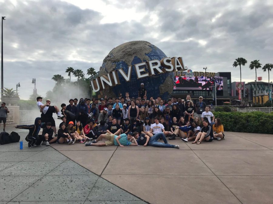 RM musicians pose in front of the globe at Universal Orlando. Photo courtesy of Peter Perry.