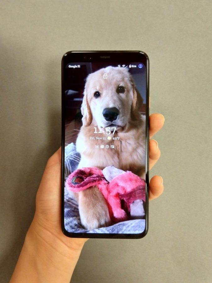 A person displays the lockscreen of the new Pixel 4