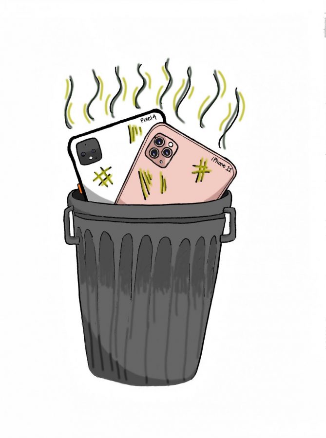 The Pixel 4 and iPhone 11 sit in a trash can.