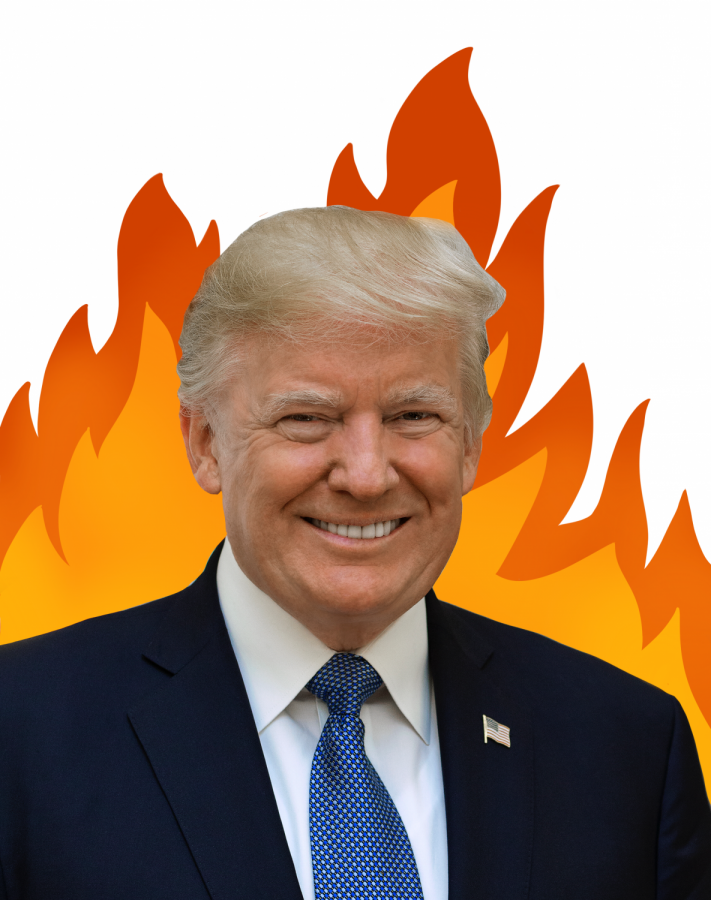 President Donald Trump smiles in front of the California wildfires.