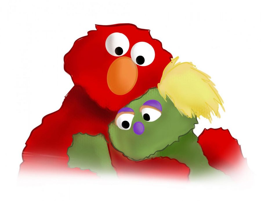 Sesame Streets Elmo and Karli, whose mother is in rehab for addiction, share a comforting hug.