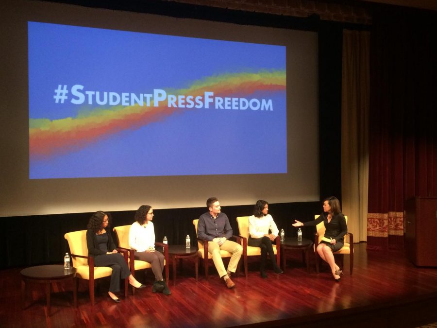 From left to right: panelists Kristine Guillaume, Maya Goldman, Joe Severino, Neha Madhira, and host Joie Chen discuss journalism at the New Visions of the Future of Press Freedom event.