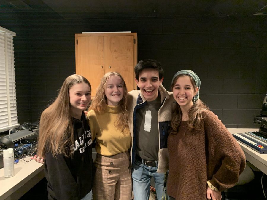 From left to right: One Acts assistant technical director and junior Erin Sanders, assistant technical director and junior Elsa Vincent, assistant producer and junior Anand Chitnis, and producer and senior Lilah Katz. 