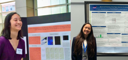 The RM Regeneron winners (from left to right): Katie Kolodner beside her project, Utility of Commercial Satellite Shortwave Infrared Multispectral Imagery for Precise Geo-location of Active Wildfires Through Heavy Smoke Clouds over the California Camp Fire and Laura Yao standing next to her project, Numerical Modeling of Gas Traps in Permafrost.