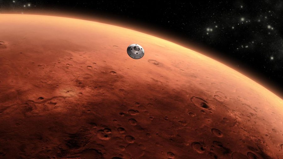 An artists rendering of NASAs rover descending towards Mars in August 2012.
