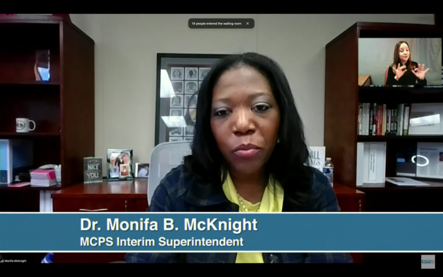 Interim+Superindendent+Monifa+McKnight+responds+to+questions+from+community+members+at+a+press+conference+on+Monday.+Dr.+McKnight+urged+parents+to+opt+their+children+in+for+random+screening%2C+in+an+attempt+to+gain+accurate+metrics+about+the+rapidly+changing+COVID-19+case+numbers+across+the+county.