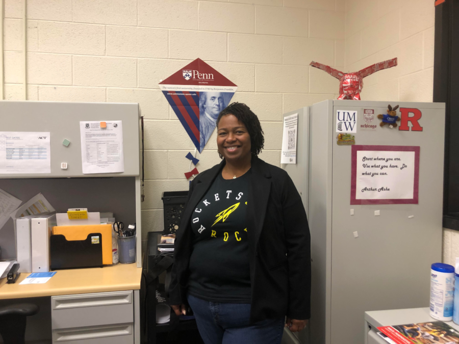 New College and Career Coordinator, Ms. Jeanpierre, poses for the camera from her office.