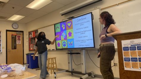 Sophomores Samiksha Mahashetty (left) and Liliana Katz-Hollander (right) lead a NOW CAN club meeting. Some core issues the club discussed include constitutional equality and reproductive rights.
