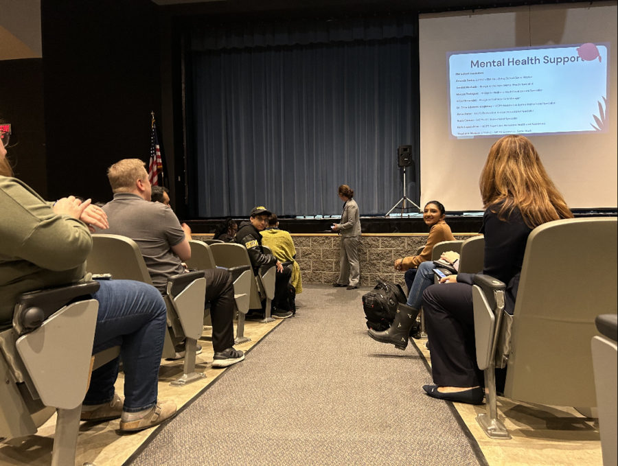 Staff and students attend the community conversation about Friday’s incident in the auditorium on Tuesday, Jan. 17. 