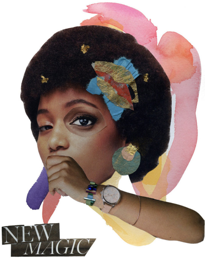 The collage New Magic is a part of Lory Ivey Alexanders collection, “black womanhood collage series: learning to take up space & divine within.” It features cutouts of Black women plucked from magazines.