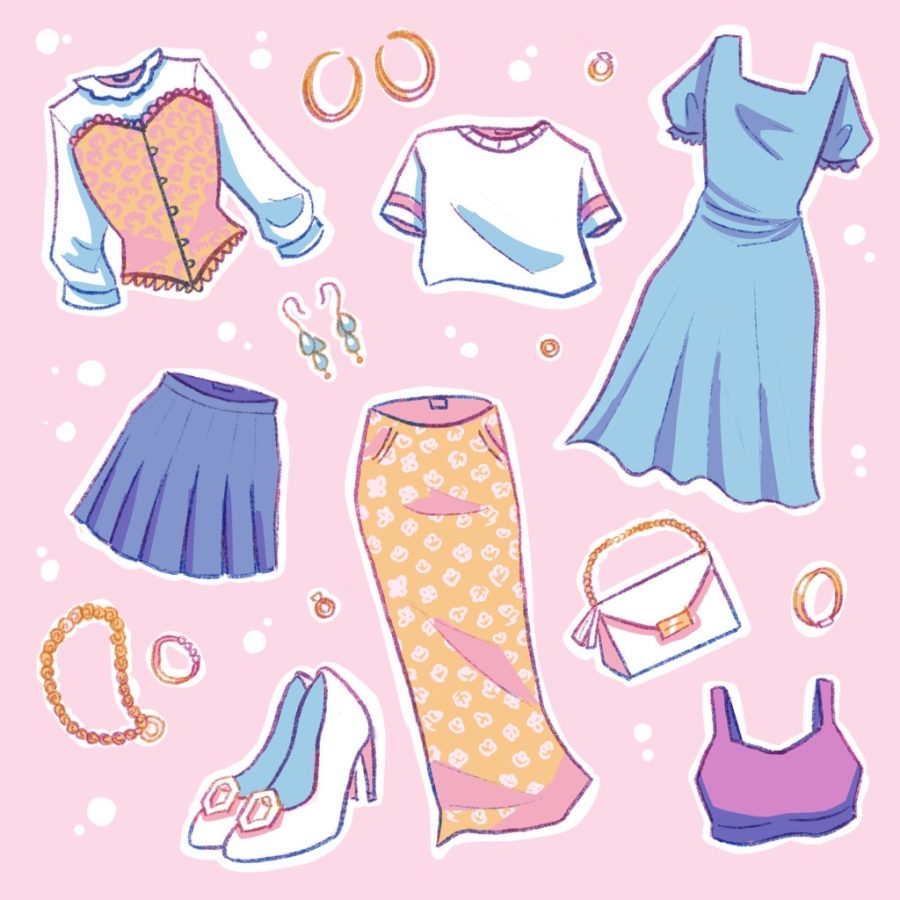 Traditionally feminine clothing includes dresses, skirts, heels, and the color pink.