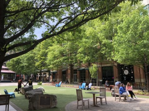 Rink or no rink, RM students can frequently be found socializing on the Town Center’s green turf.