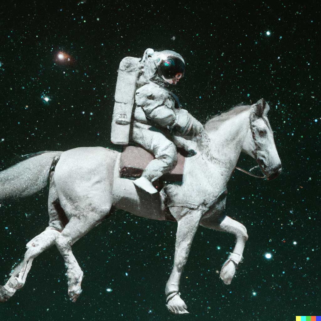 DALL-E 2 creates art from user input, such as an astronaut riding a horse in photorealistic style. 