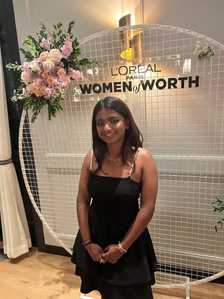 Senior Shrusti Amula poses for photos during a media dinner at the Women of Worth Summit in NYC this past August, where she first got to know the other honorees.