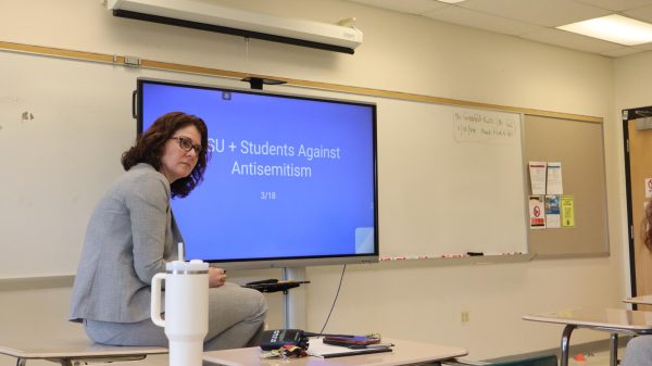 RM Principal Alicia Deeny leads a joint meeting with the JSU and Students Against Antisemitism club to address student concerns. 