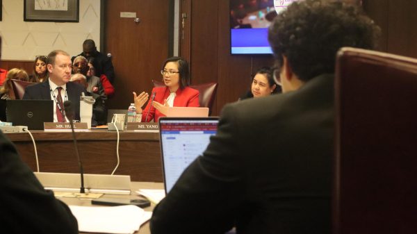 Board member Julie Yang discusses with the board during a Feb 6 meeting.