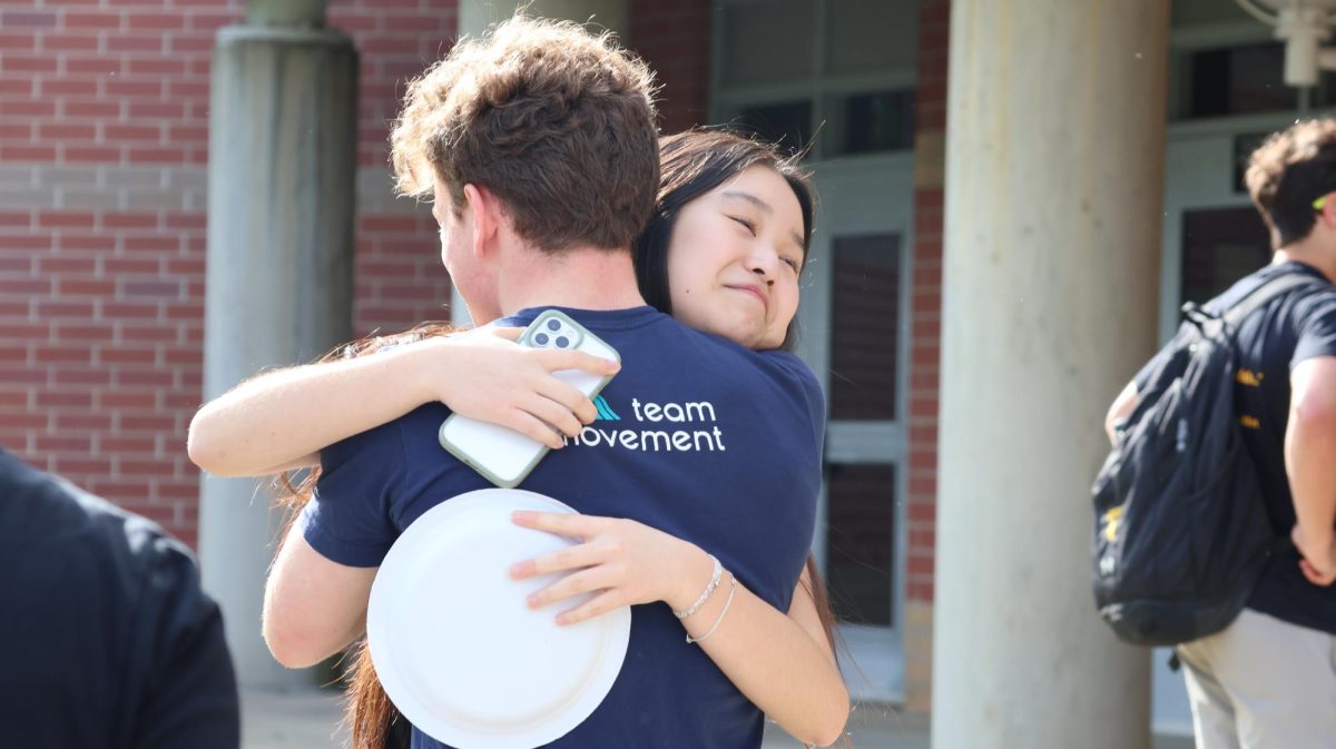 Tears streaming down her face, senior Shirley Han embraces fellow senior Anson Cook at RMs annual Senior Sendoff. Its really nice to get to see everyone one last time, Han said. Its just bittersweet. Han will be attending the University of Michigan in the fall.