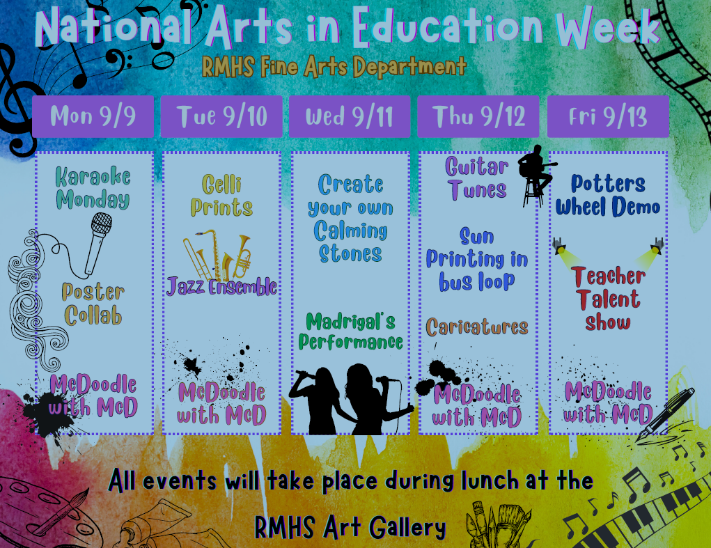 The Arts in Education week schedule from September 9 to September 13, provided by Studio, AP and IB art teacher Addison Coryell.