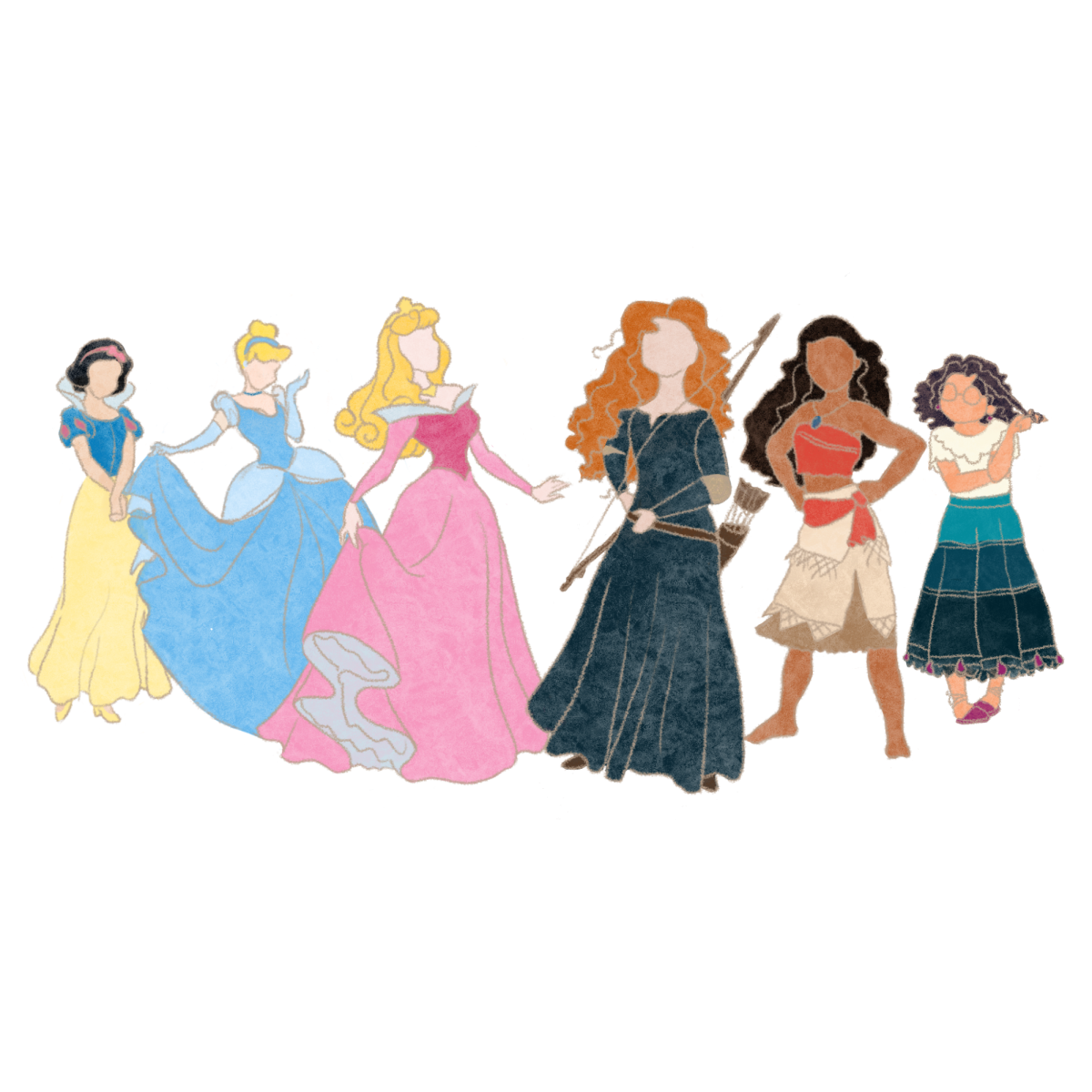 A graphic depicting six Disney heroines. From left to right, Snow White, Cinderella, Rapunzel, Moana, and Mirabel.