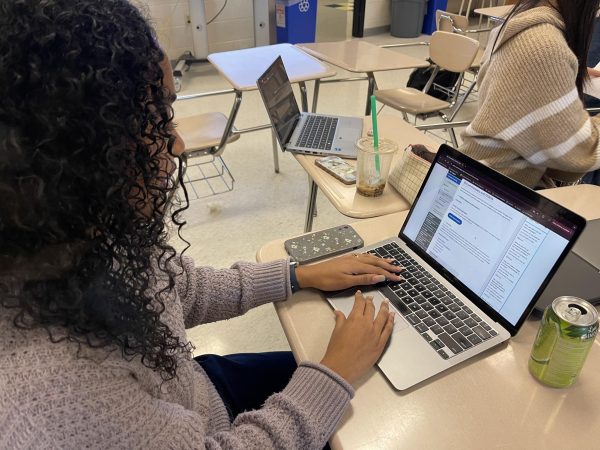 A senior works on her college applications on her laptop.