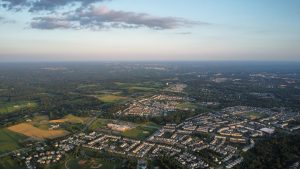 Clarksburg, MD, has seen growth in recent years, with cookie-cutter suburban communities replacing former farmland. Aerial photography from a drone camera allows us to see the scale and uniformity of these new developments. 