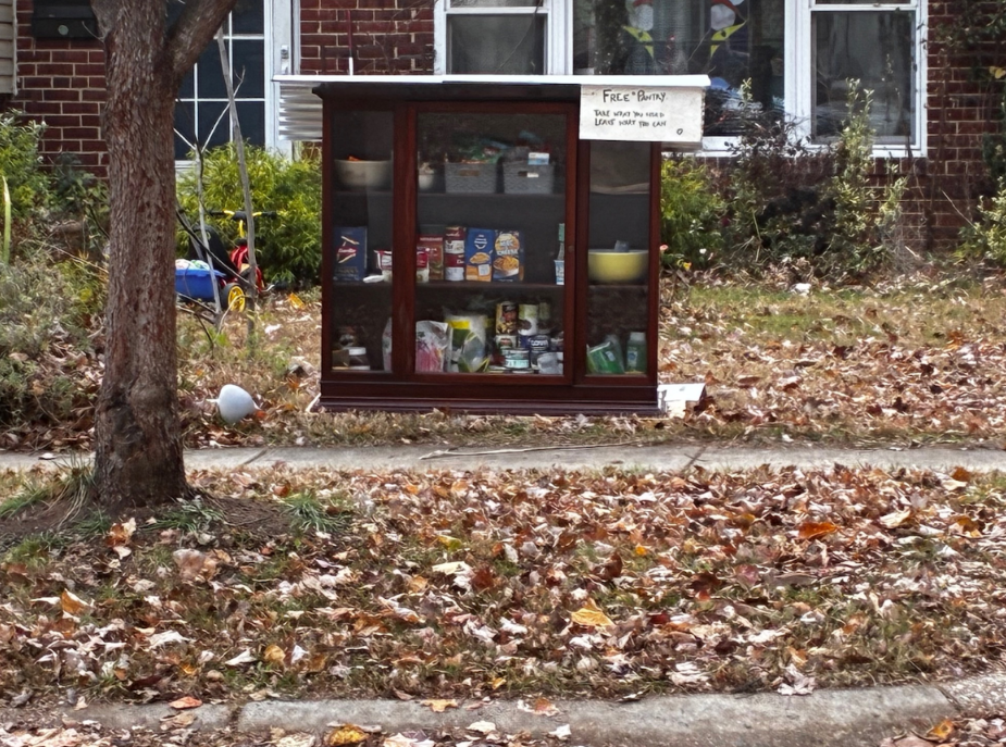 A food pantry in Silver Spring is labelled “Free Pantry: Take what you need, leave what you can.” Makeshift pantries such as these have provided food to Montgomery County residents whose SNAP benefits have been cut.
