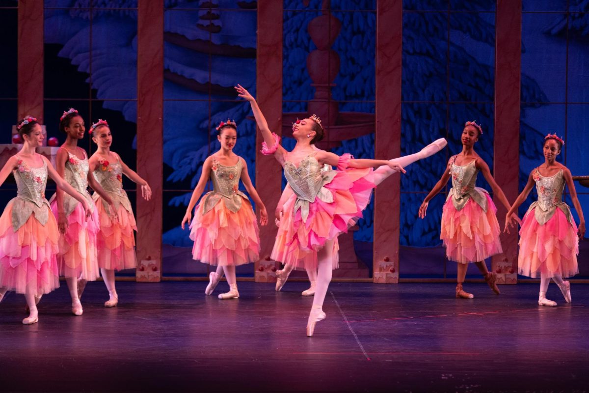 The Waltz of the Flowers, also known as the Pink Waltz in Act II of the Nutcracker, portrays a beautiful blossom with a corps de ballet, wearing elaborate, floral headpieces, performing graceful choreography to represent spring's arrival in the magical Land of Sweets. (Photo courtesy of Jeri Tidwell)