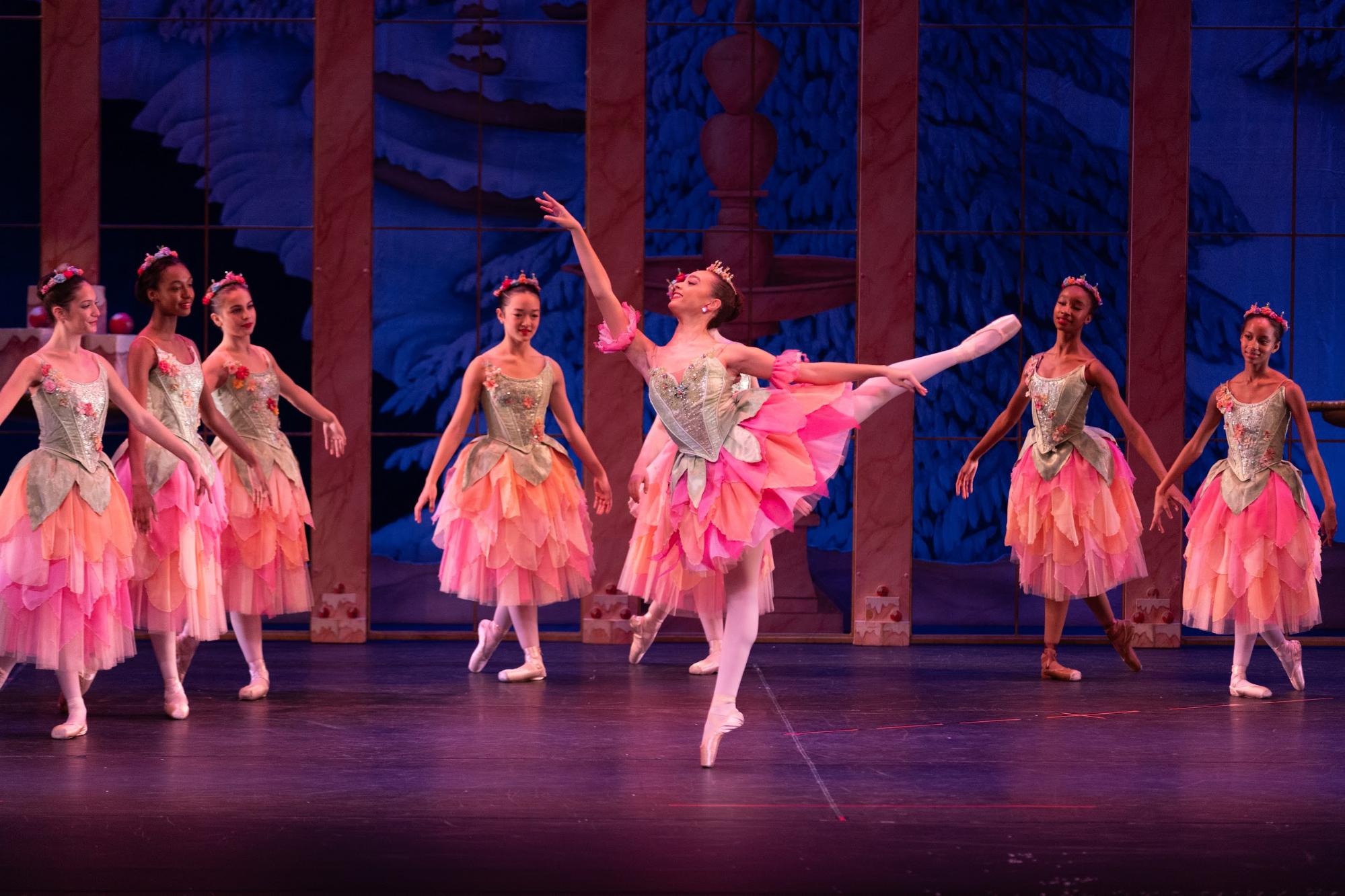 The Waltz of the Flowers, also known as the Pink Waltz in Act II of the Nutcracker, portrays a beautiful blossom with a corps de ballet, wearing elaborate, floral headpieces, performing graceful choreography to represent spring's arrival in the magical Land of Sweets. (Photo courtesy of Jeri Tidwell)