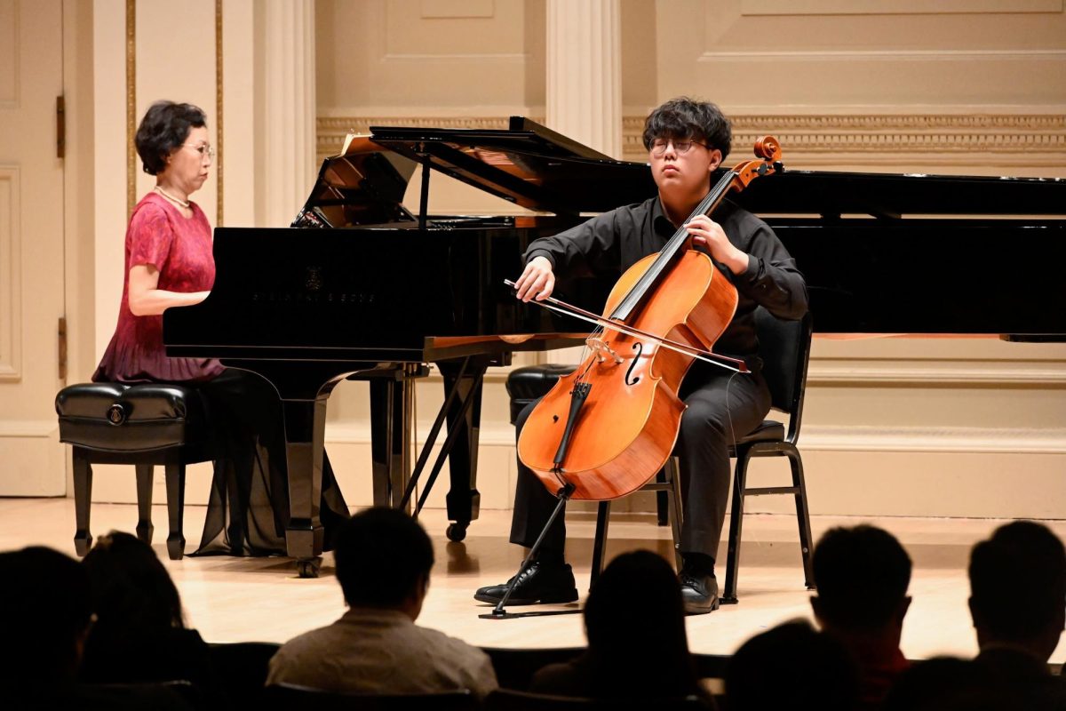 Junior Aaron Hwang performs the Dvorak cello concerto with piano accompaniment at Carnegie Hall. (Photo courtesy of Aaron Hwang)