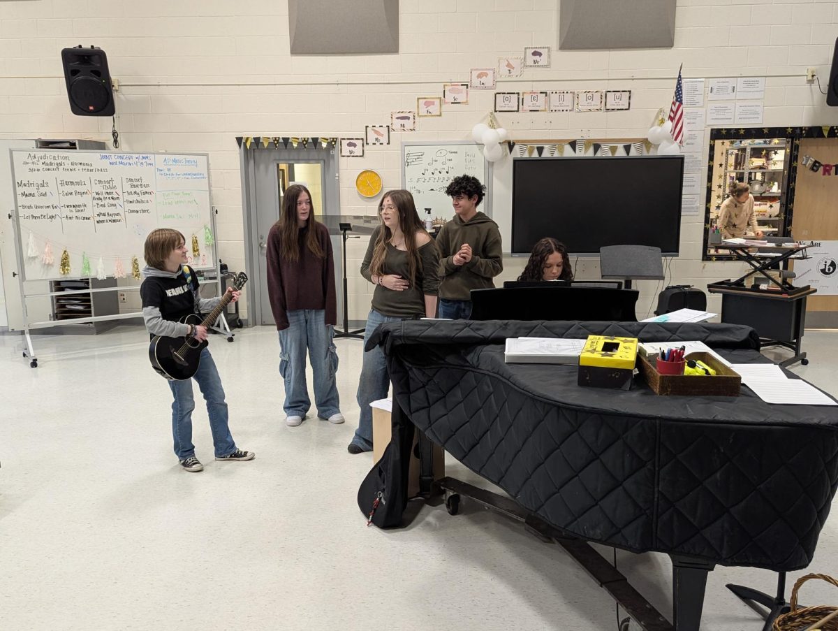 The members of Cherry Lane practice with their instruments in the chorus room—also where Tri-M holds their monthly performance meetings.