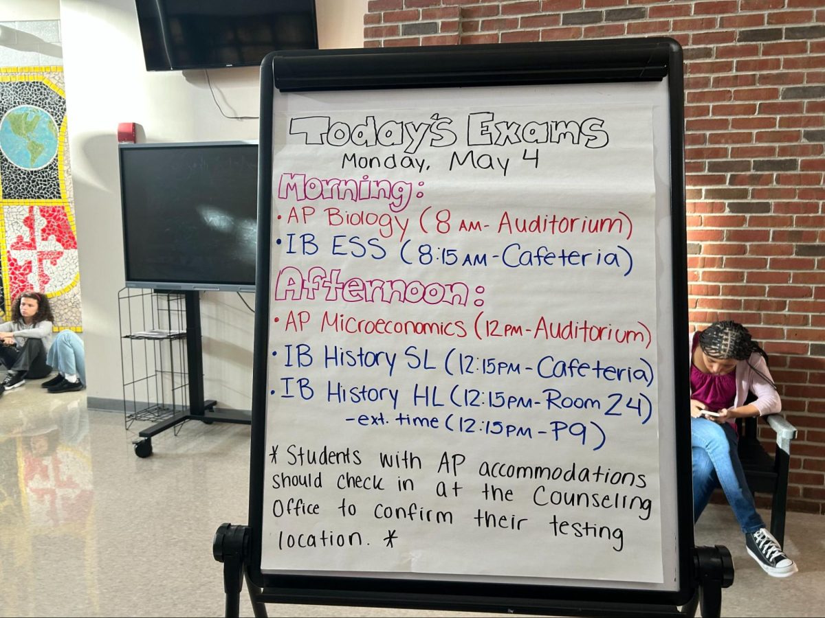 The list of May 4's exams, the first day of APs, is displayed on main street.